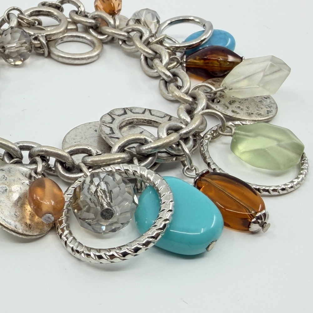 Vintage Boho Silver Faux Turquoise Chunky Charm Bracelet Multi Bead Toggle Y2K - Picture 4 of 8